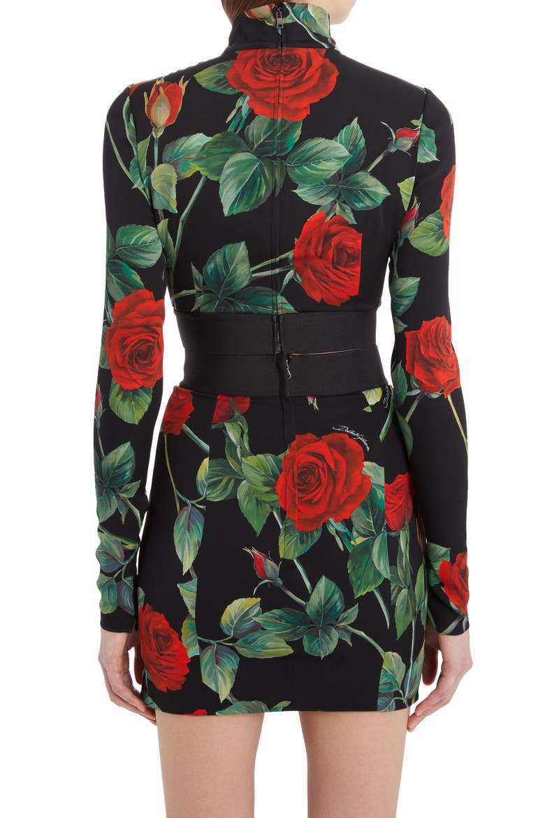 Rose Print Mock Neck Stretch Silk Crop Top, Alternate, color, HN2ZO ROSE FDO NERO