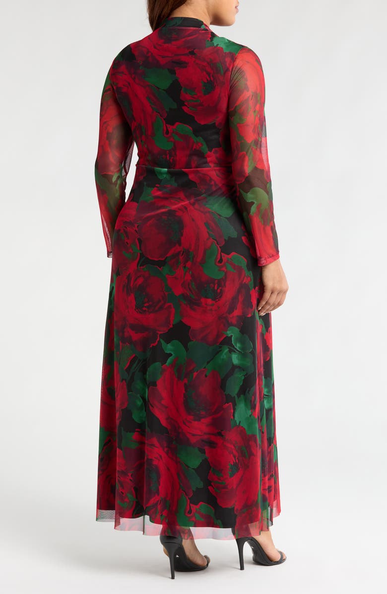 Anne Klein Floral Twist Front Long Sleeve Mesh Maxi Dress, Alternate, color, Titan Red Multi