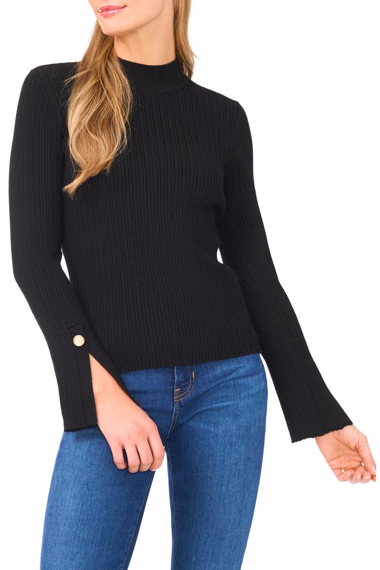 Mock Neck Split Cuff Ribbed Sweater, Main, color, RICH BLACK