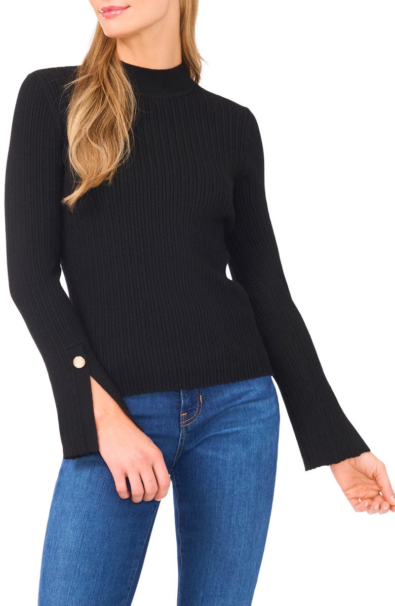 Ted Baker Mock Neck Split Cuff Ribbed Sweater, Main, color, Rich Black