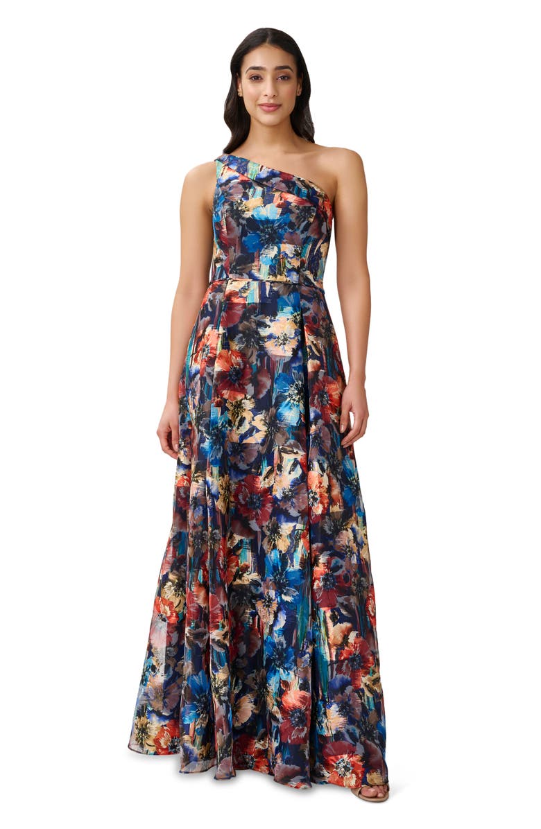 Aidan Mattox by Adrianna Papell Metallic Floral Jacquard One-Shoulder Organza Ballgown, Alternate, color, 