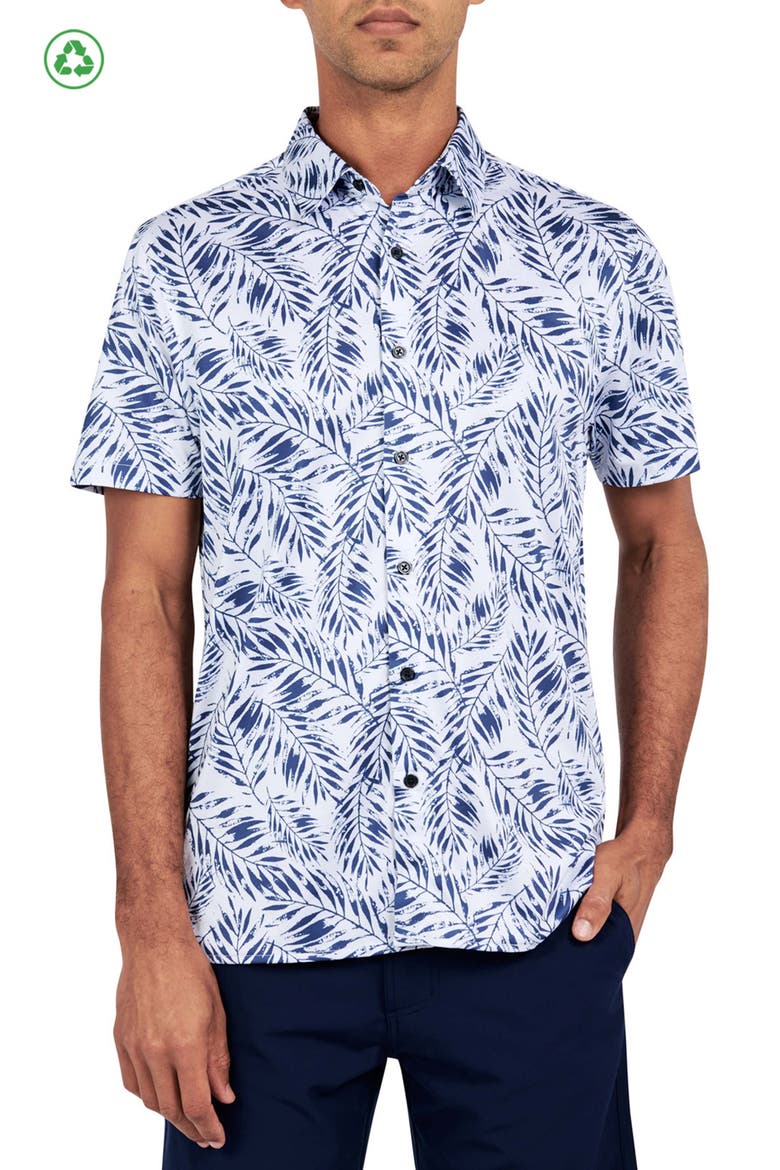 Regular Fit Leaf Print Recycled Performance Golf Button-Down Shirt, Main, color, WHITE/BLUE