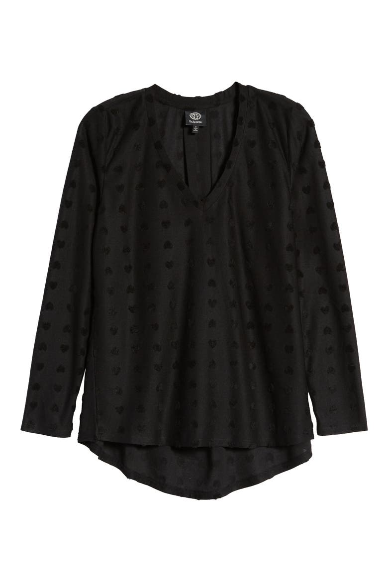 Flocked V-Neck Top, Alternate, color, BLACK HEARTS