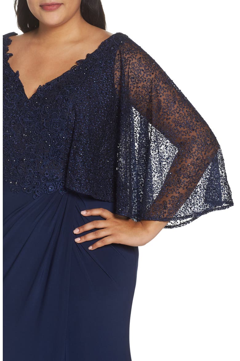 Beaded Lace Capelet Column Gown, Alternate, color, MIDNIGHT