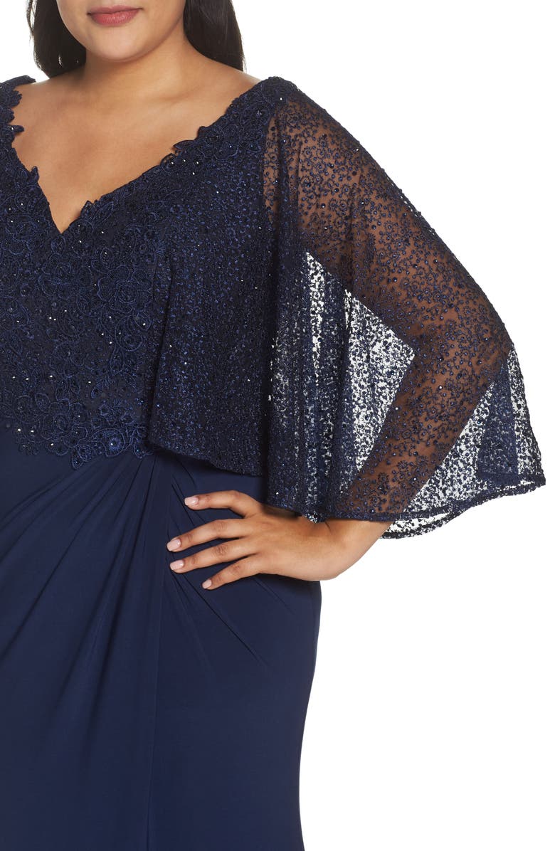 Mac Duggal Beaded Lace Capelet Column Gown, Alternate, color,