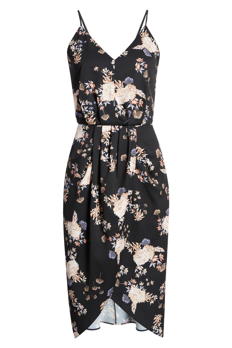 Sleeveless Faux Wrap Dress, Alternate, color, BLACK BROCADE BLOSSOM