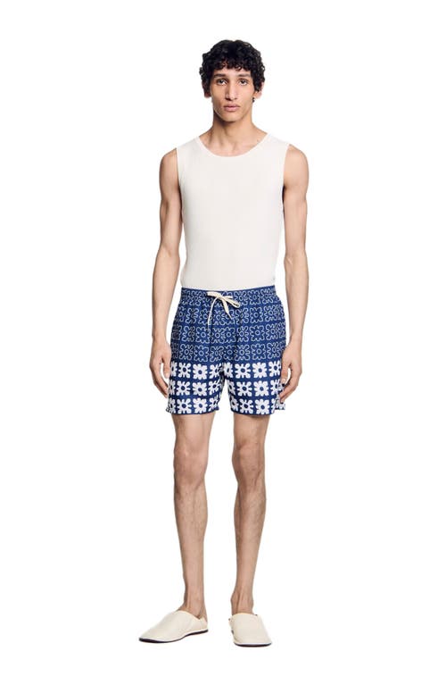 Sandro Mens Bleus Floral Graphic-print Straight-leg Swim Trunks In Midnight Blue