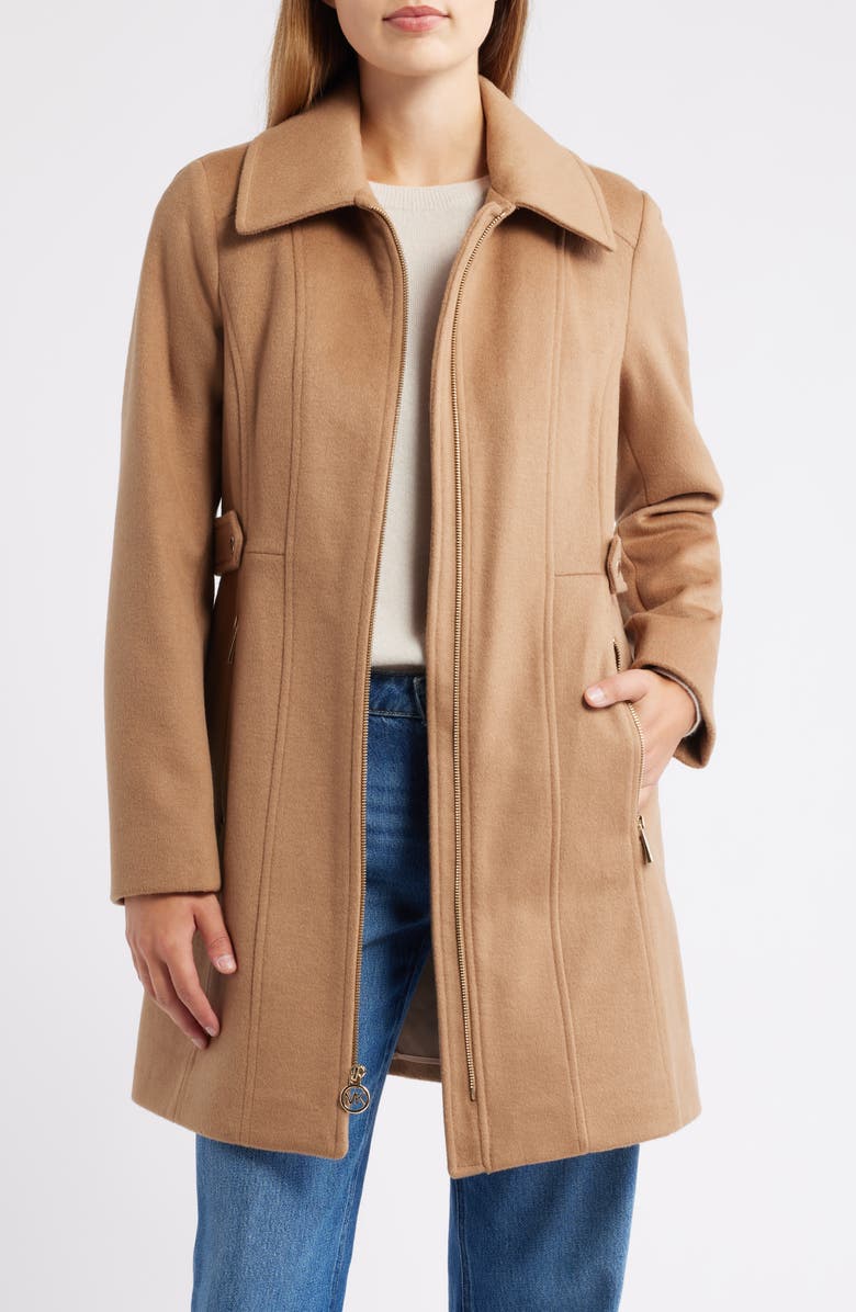 Michael Kors Front Zip Wool Blend Coat, Main, color, Dark Camel