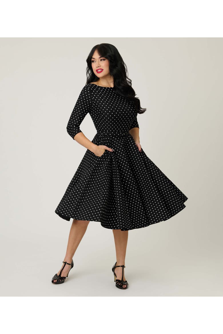 Three Quarter Sleeve Belted Devon Swing Dress, Main, color, Black & White Polka Dot