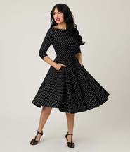 Unique Vintage Three Quarter Sleeve Belted Devon Swing Dress