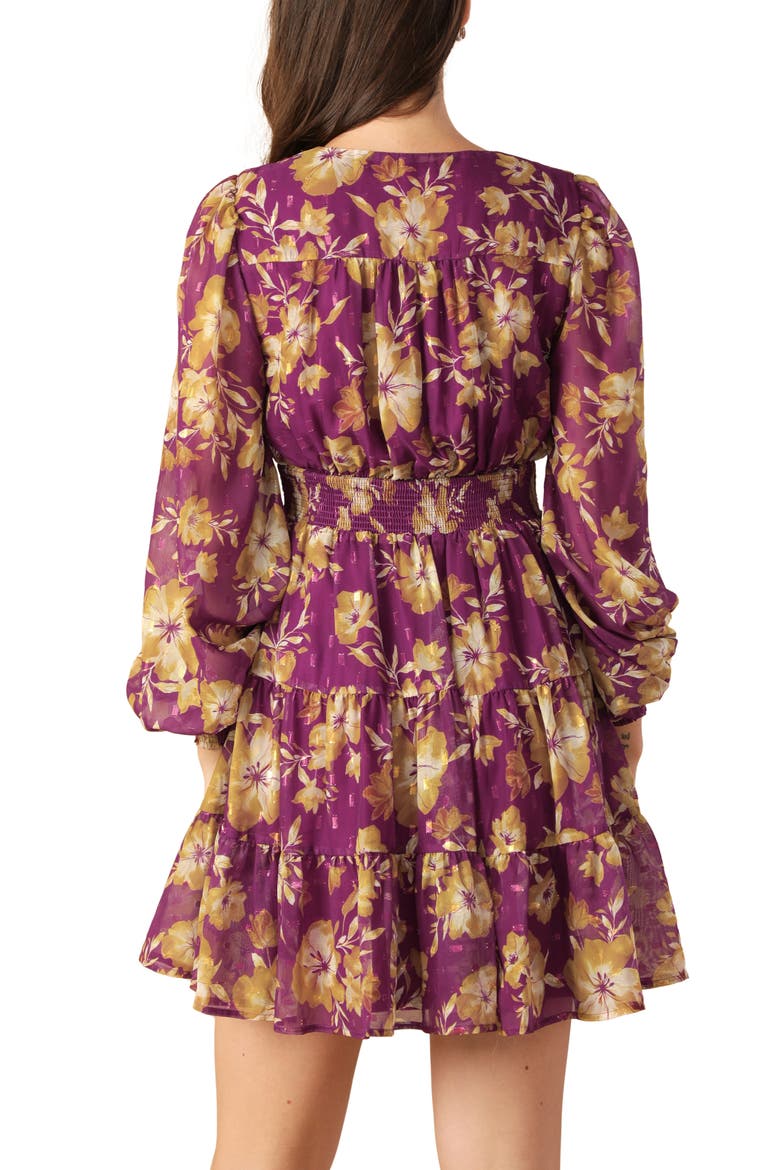 Floral Print Tiered Long Sleeve Minidress, Alternate, color, BERRY