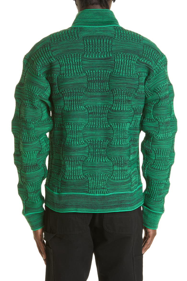 Stand Collar Zip Front Recycled Polyester Rib Sweater, Alternate, color, BLACK/ PARAKEET