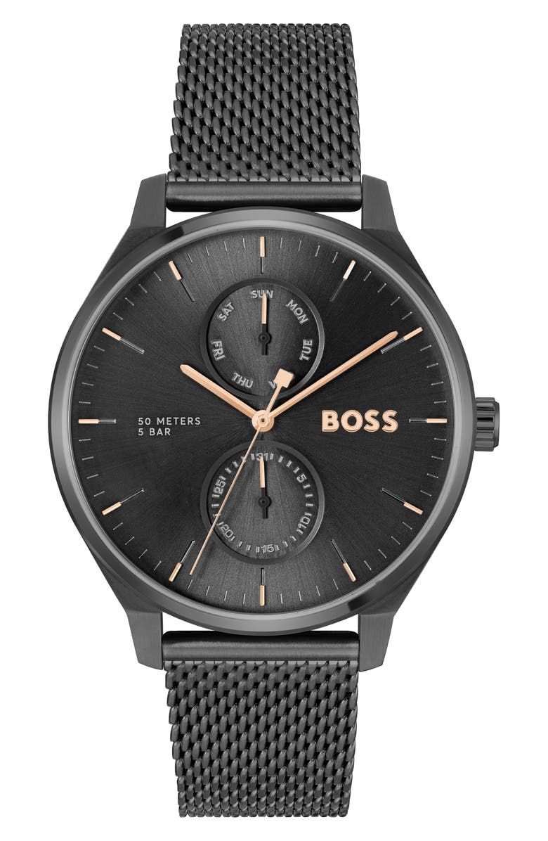 BOSS Tyler Mesh Strap Watch, 43mm & Leather Bracelet Set, Alternate, color, Black
