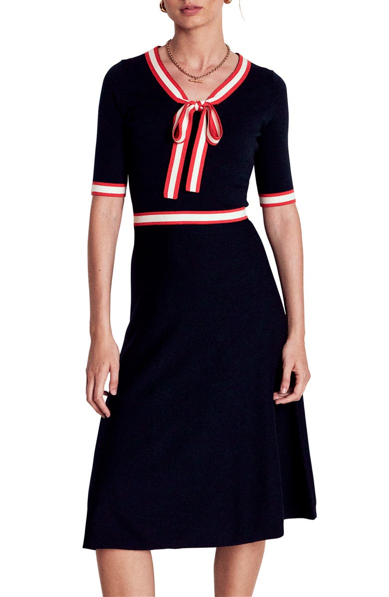 Boden Tipped Bow Cotton & Wool Fit & Flare Dress, Main, color,