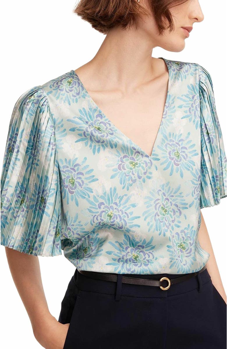 Rebecca Taylor Astera Fleur Pleated Sleeve Blouse, Alternate, color, Fleur Turquoise Combo