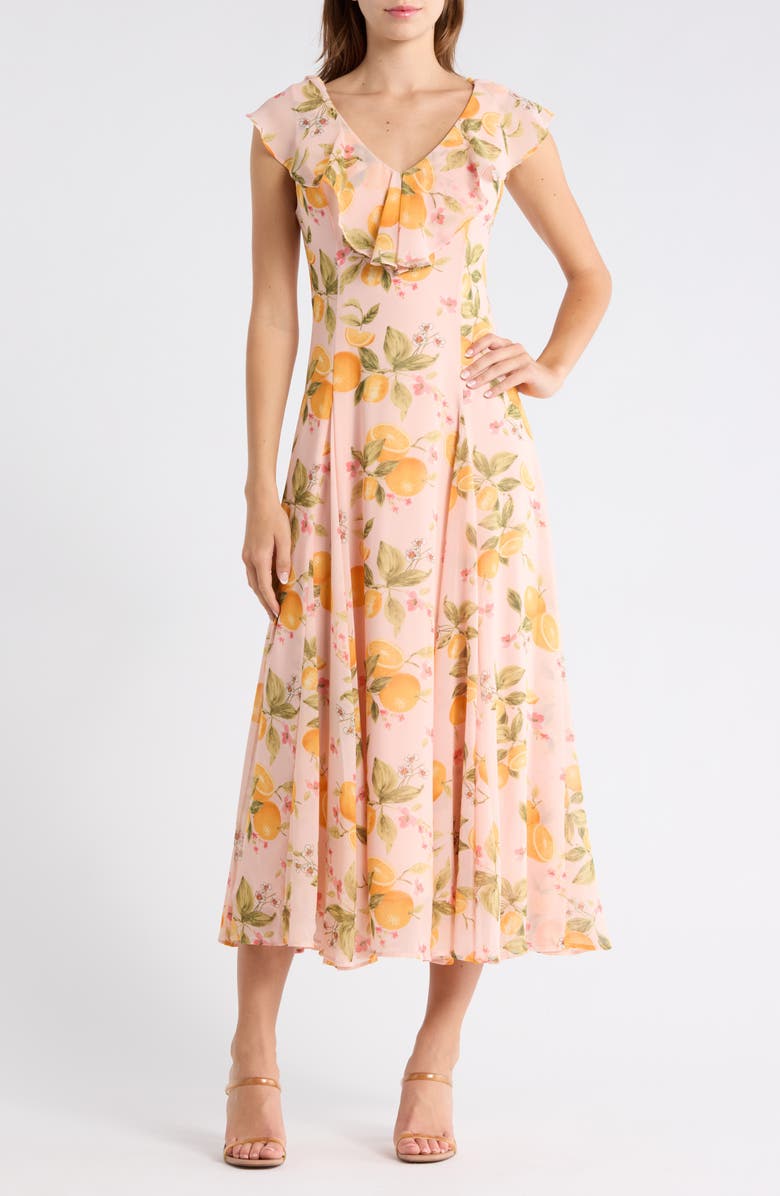 WAYF Godet Midi Dress, Main, color, Blush Citrus