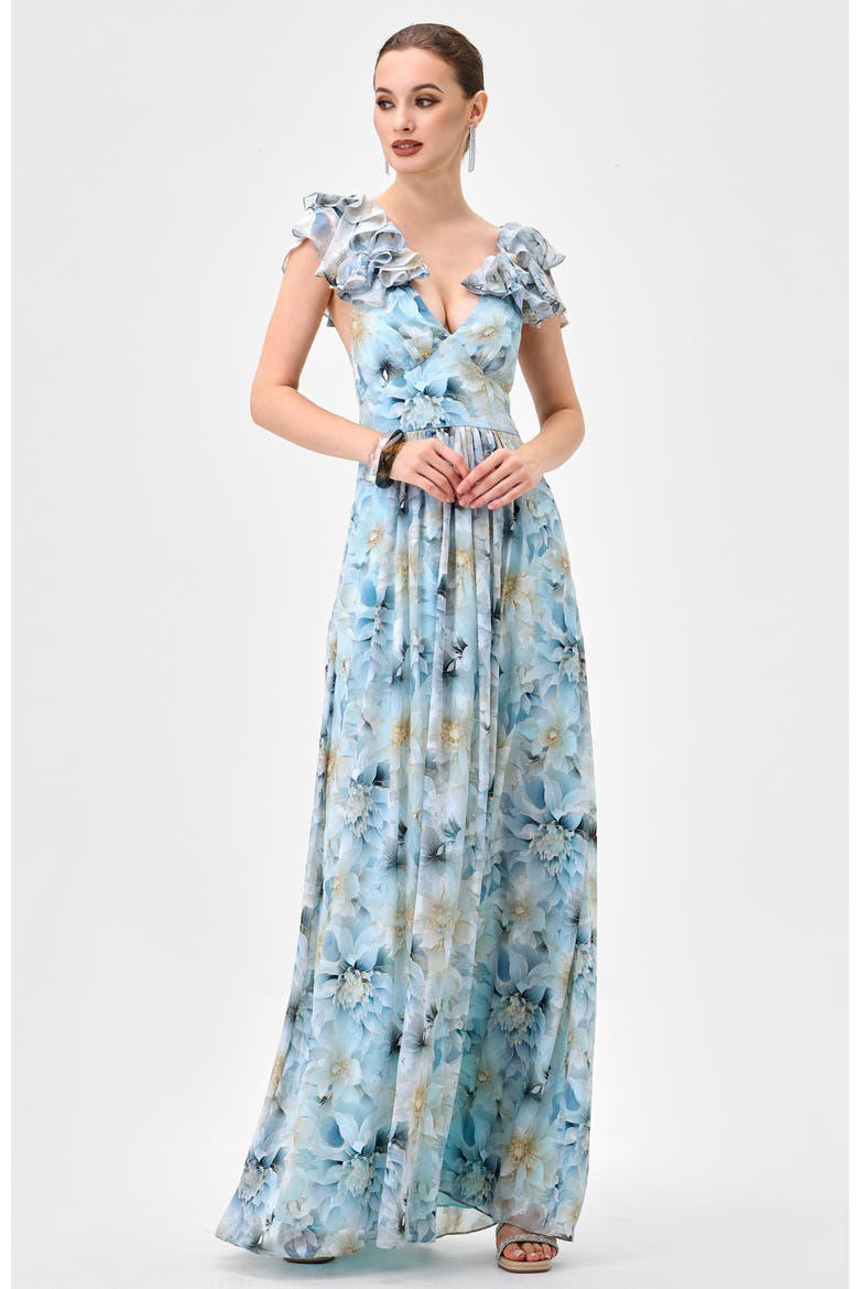 Markova Frill Shoulder Maxi, Alternate, color, BLUE/SILVER PRINT