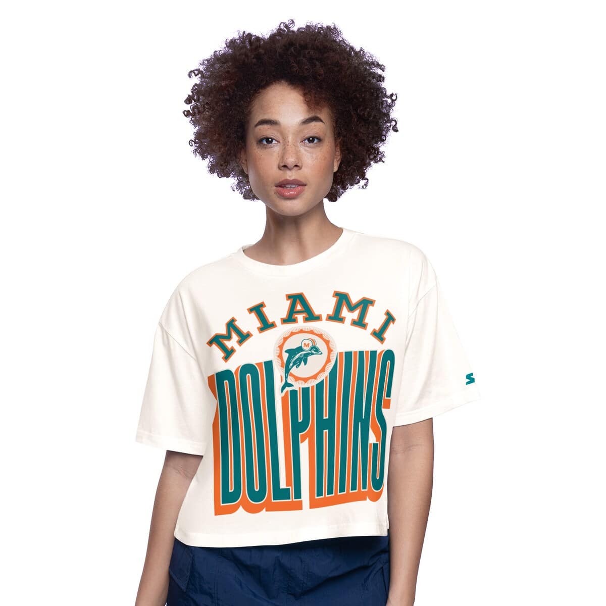 White Miami Dolphins Throwback Play the Ball Boxy Cropped T-Shirt