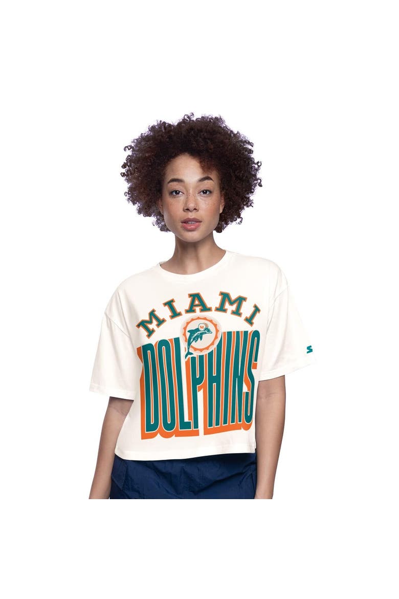 White Miami Dolphins Throwback Play the Ball Boxy Cropped T-Shirt, Main, color, White