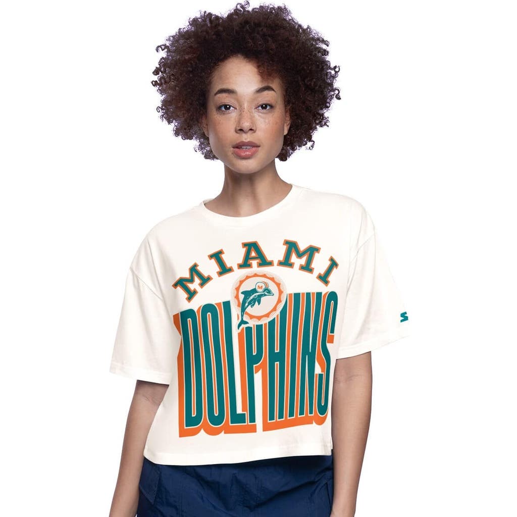 Starter White Miami Dolphins Throwback Play The Ball Boxy Cropped T-shirt