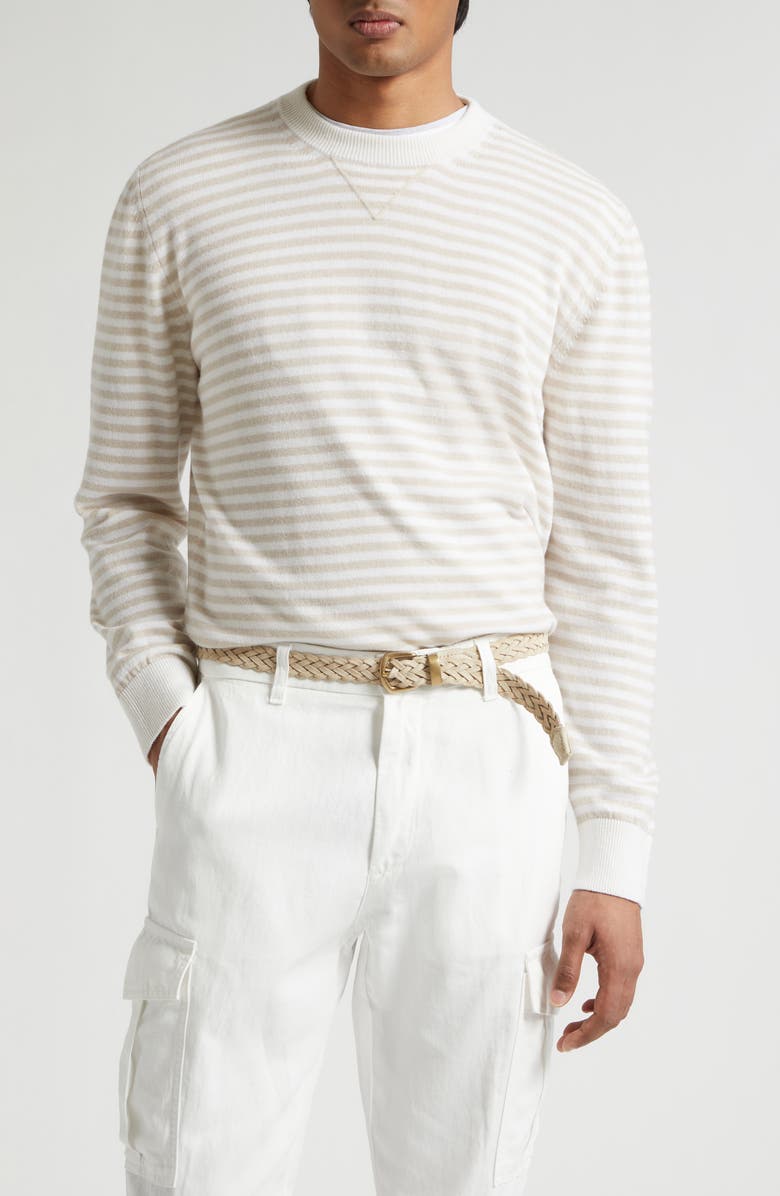 Eleventy Stripe Cashmere Crewneck Sweater, Main, color, 01-02 White/ Beige