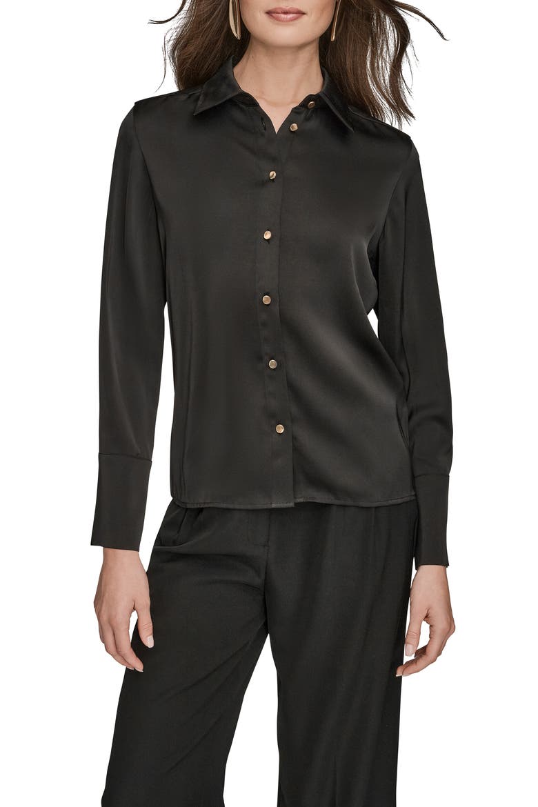 Satin Button-Up Shirt, Main, color, BLACK