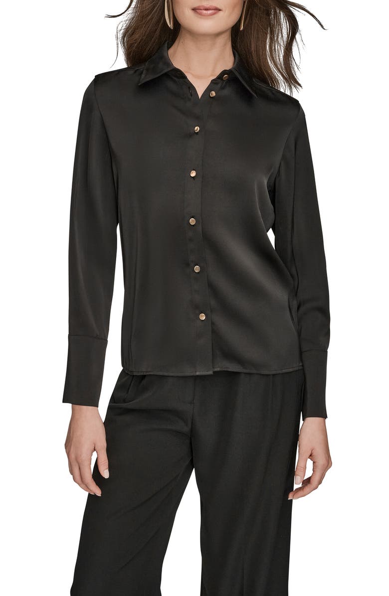 Donna Karan New York Satin Button-Up Shirt, Main, color, Black