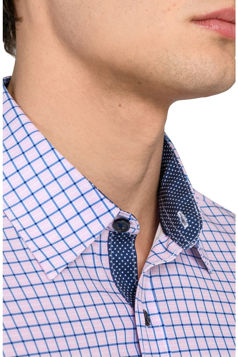 Grid Print Stretch Dress Shirt, Alternate, color, NAVY/ CORAL