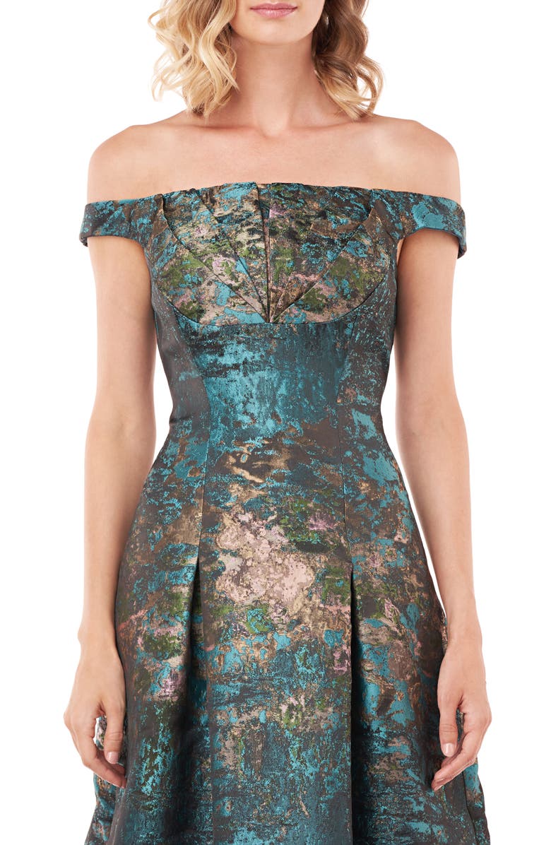 Kay Unger Carina Metallic Jacquard Off the Shoulder Cocktail Dress, Alternate, color, 