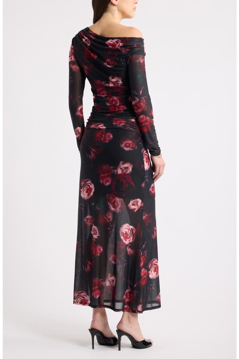 Mesh One-Shoulder Long Sleeve Maxi Dress, Alternate, color, BLACK- PINK LOIS FLORAL
