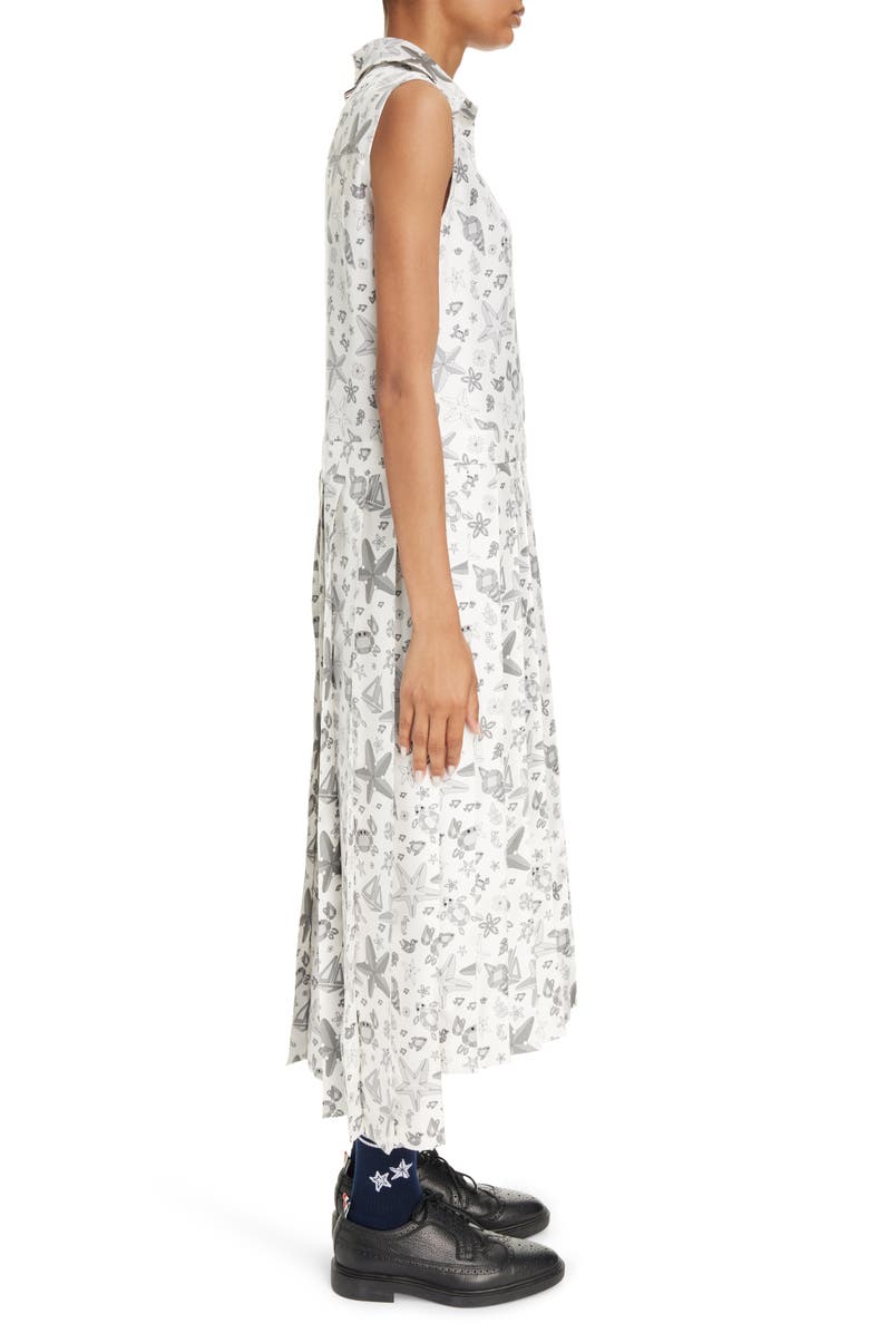 Thom Browne Nautical Crystal Print Sleeveless Pleated Silk Shirtdress, Alternate, color, White