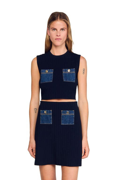 Sandro Knit And Denim Top In Blue
