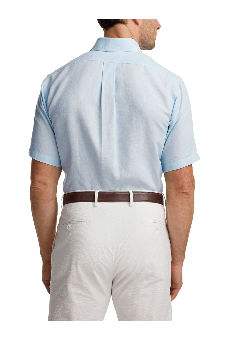 Linen Buttondown Collar Poplin Tailored Contrast Trim Hemmed Short Sleeve Shirt, Alternate, color, Light Blue