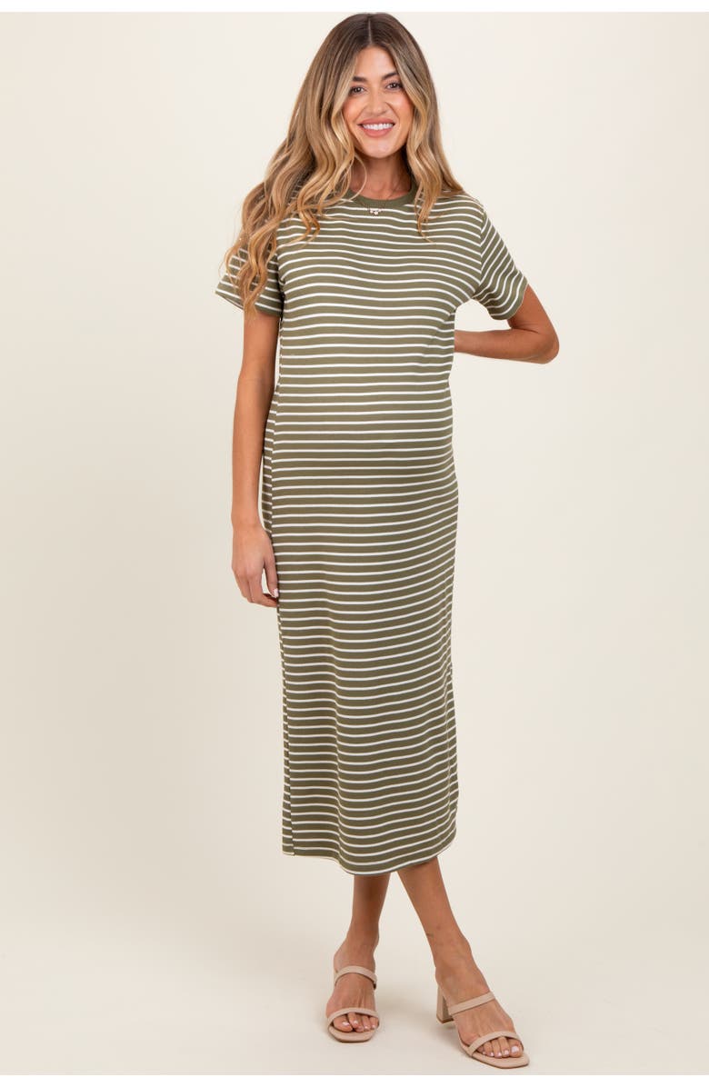 PinkBlush Striped Short Sleeve Side Slit T-Shirt Midi Dress, Alternate, color, Olive Green