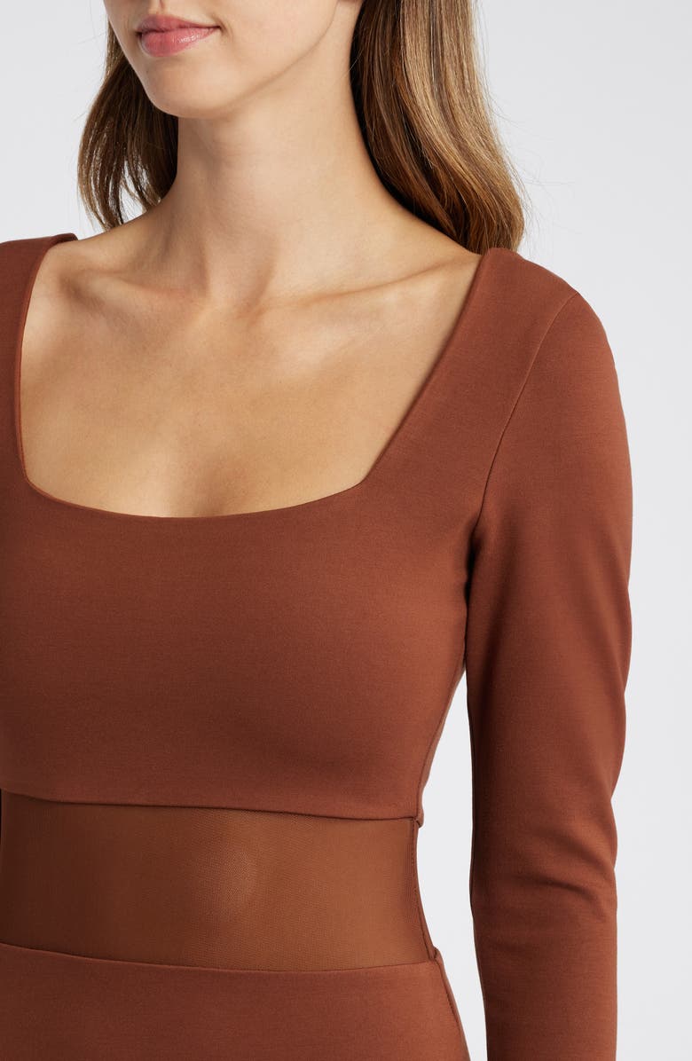 bebe Sheer Mesh Inset Long Sleeve Body-Con Dress, Alternate, color, 