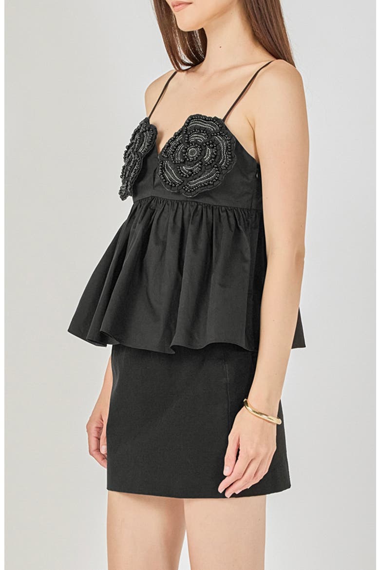 Floral Appliqu Babydoll Top, Alternate, color, BLACK