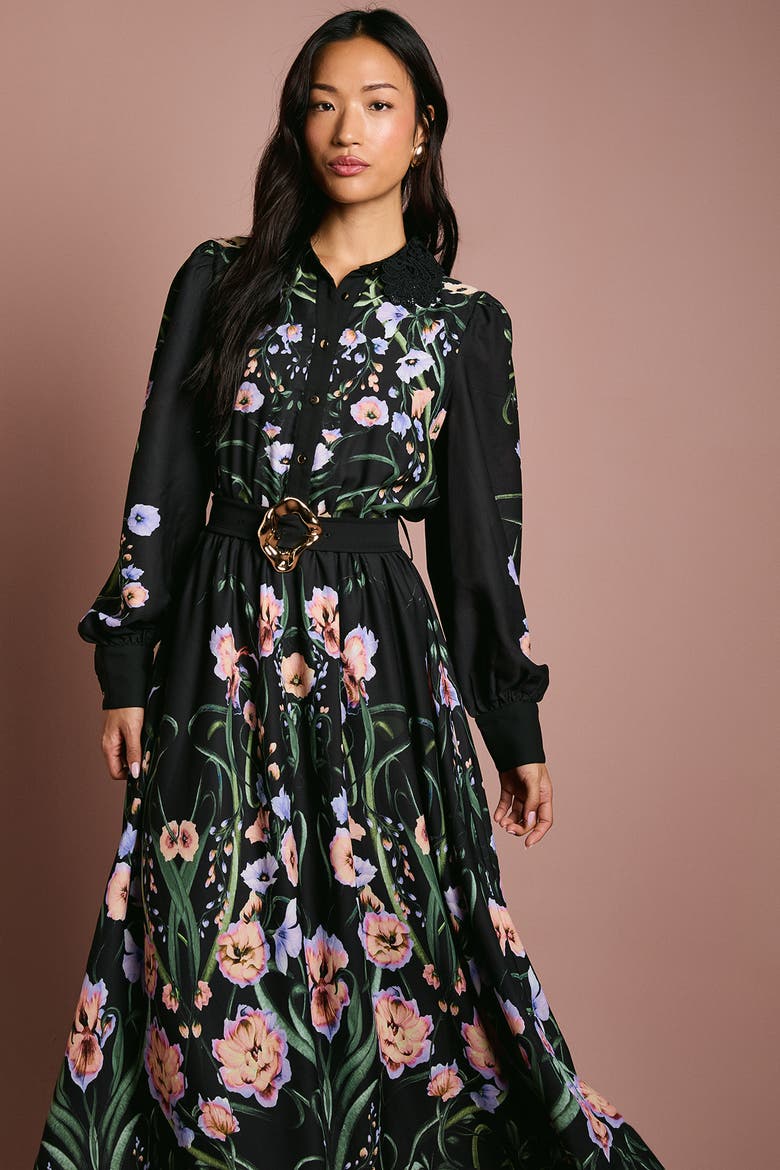 Lace Trim Printed Shirt Dress, Alternate, color, Black