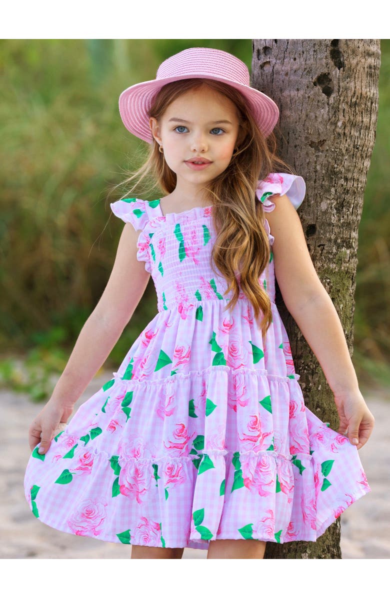 Mia Belle Girls Kids' Rose Garden Gingham Smocked Tiered Dress, Alternate, color, Pink