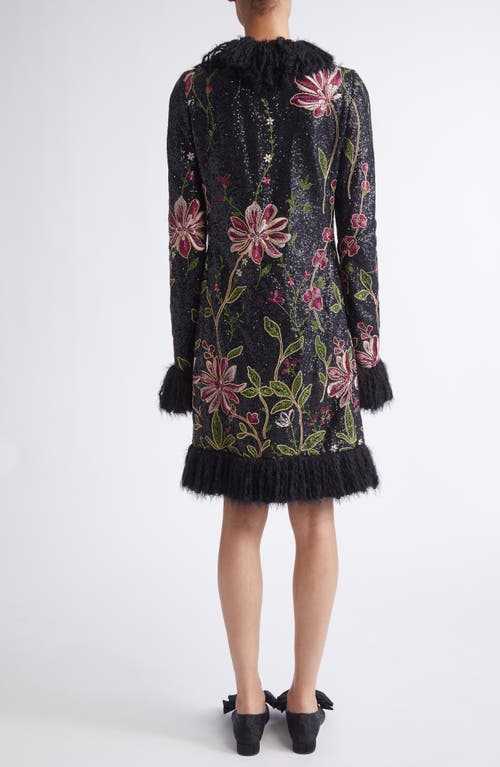 Giambattista Valli Sequin Floral Embroidered Coat With Faux Fur Trim In Multi