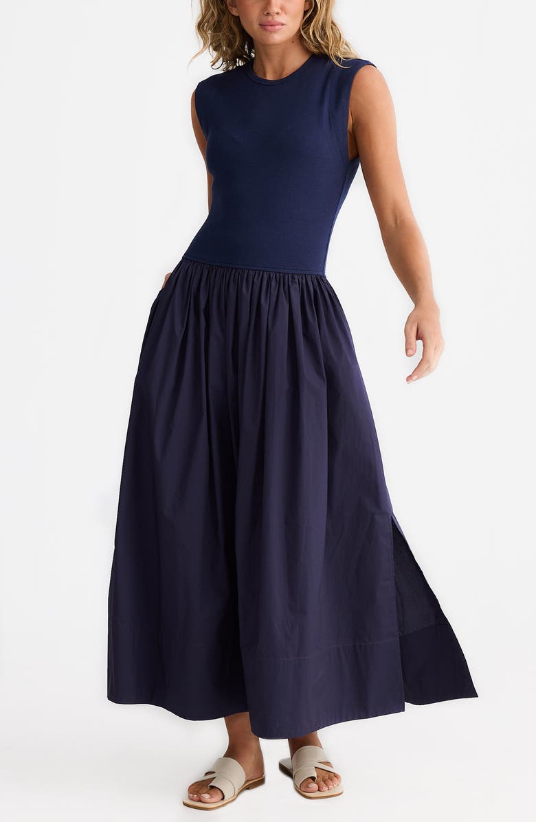 Brave+True Daphne Sleeveless Mixed Media Dress, Alternate, color, Navy