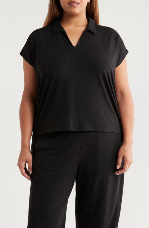 Boxy Johnny Collar Jersey Top (Plus)