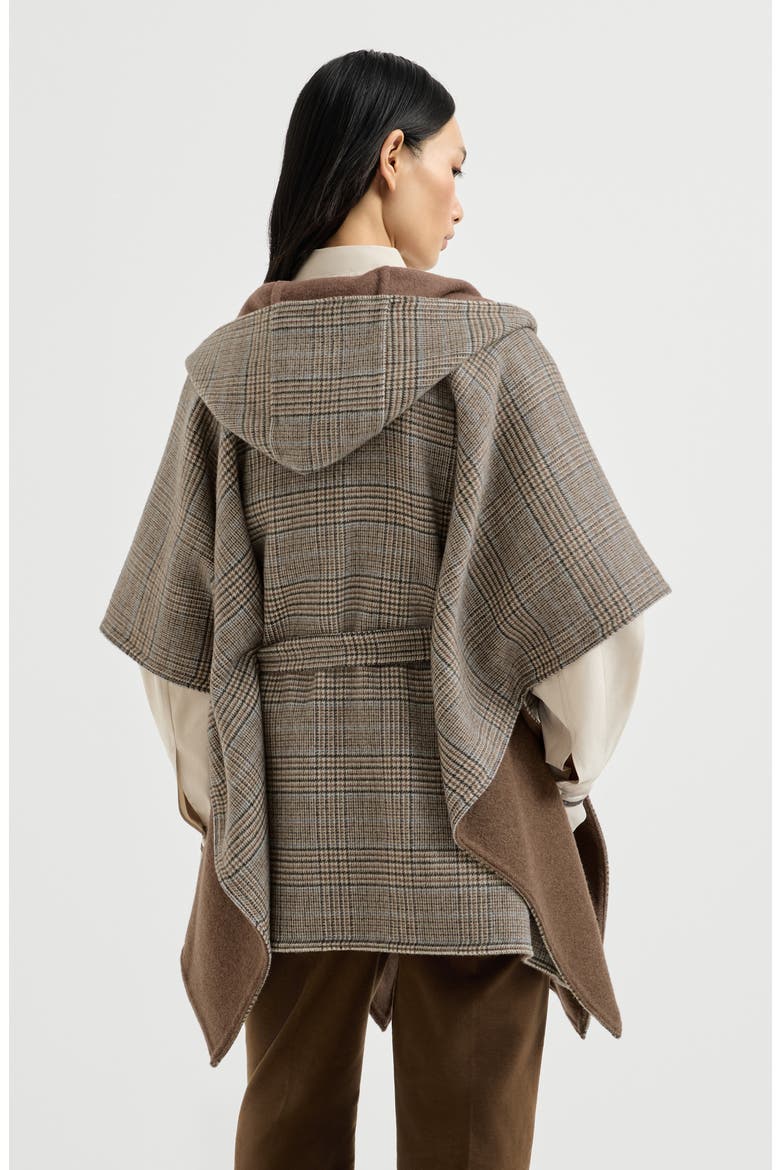Hand-crafted reversible hooded poncho in cashmere Prince of Wales double cloth, Alternate, color, Brown