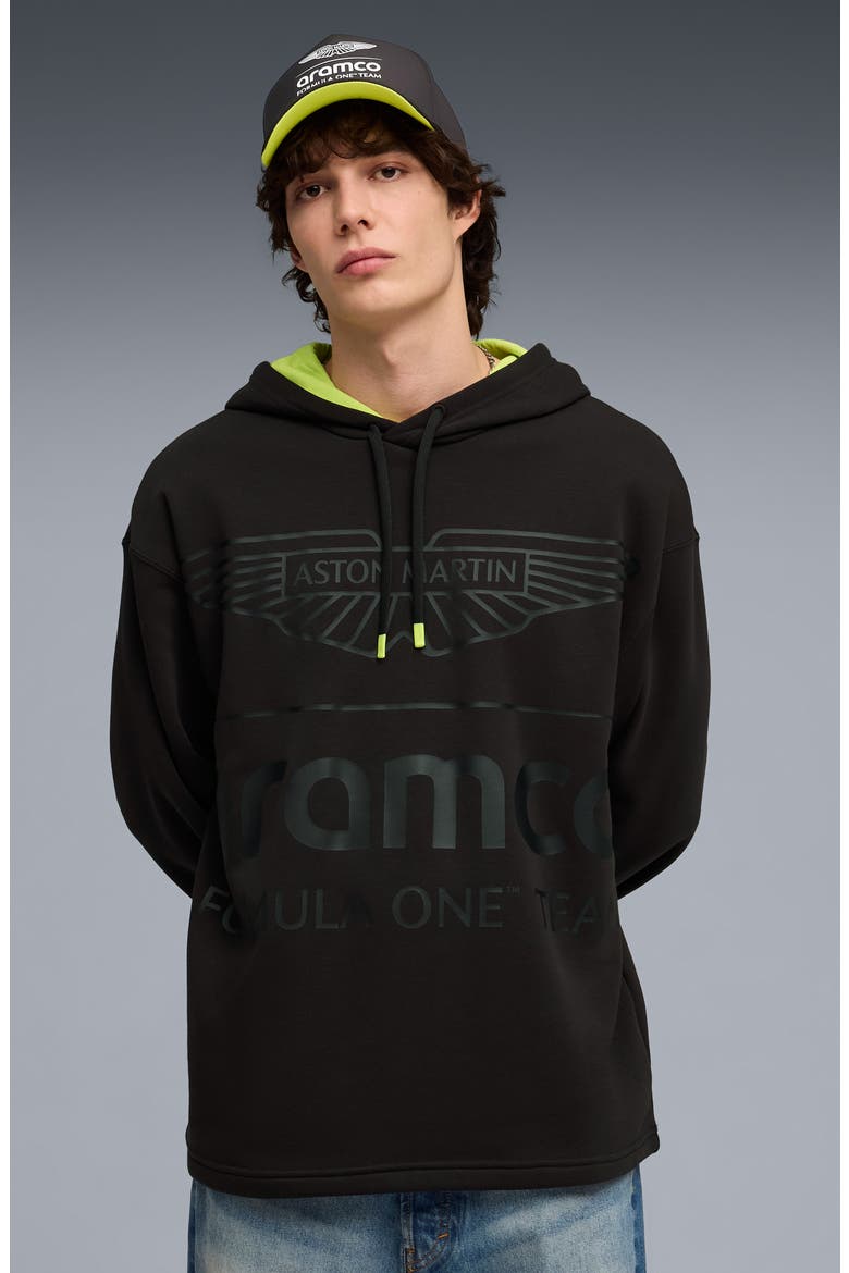 AMF1 Relaxed Fit Logo Graphic Hoodie, Alternate, color, PUMA BLACK