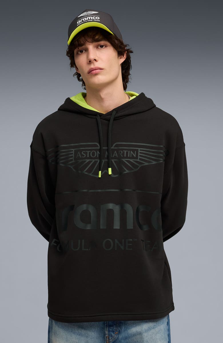 PUMA AMF1 Relaxed Fit Logo Graphic Hoodie, Alternate, color, Puma Black