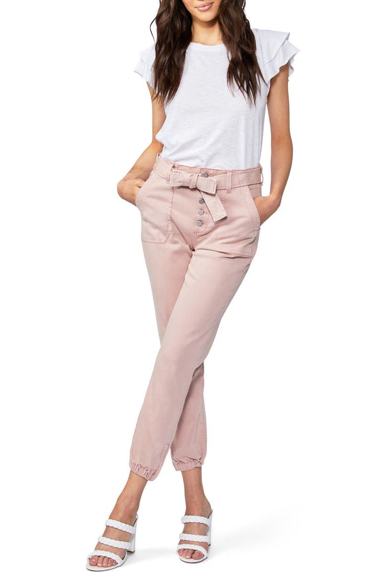 Mayslie High Waist Tie Belt Exposed Button Joggers, Alternate, color, VINTAGE ROUGE GLOW
