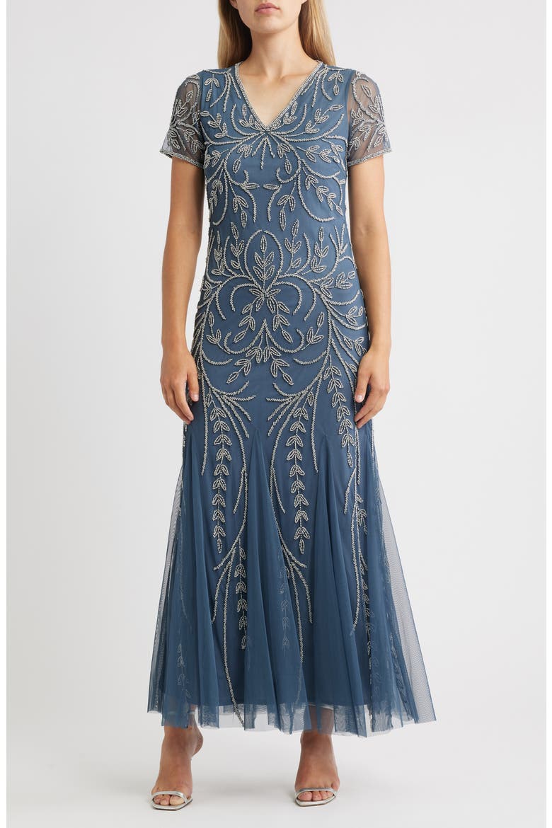 Beaded Mesh Gown, Main, color, GREY