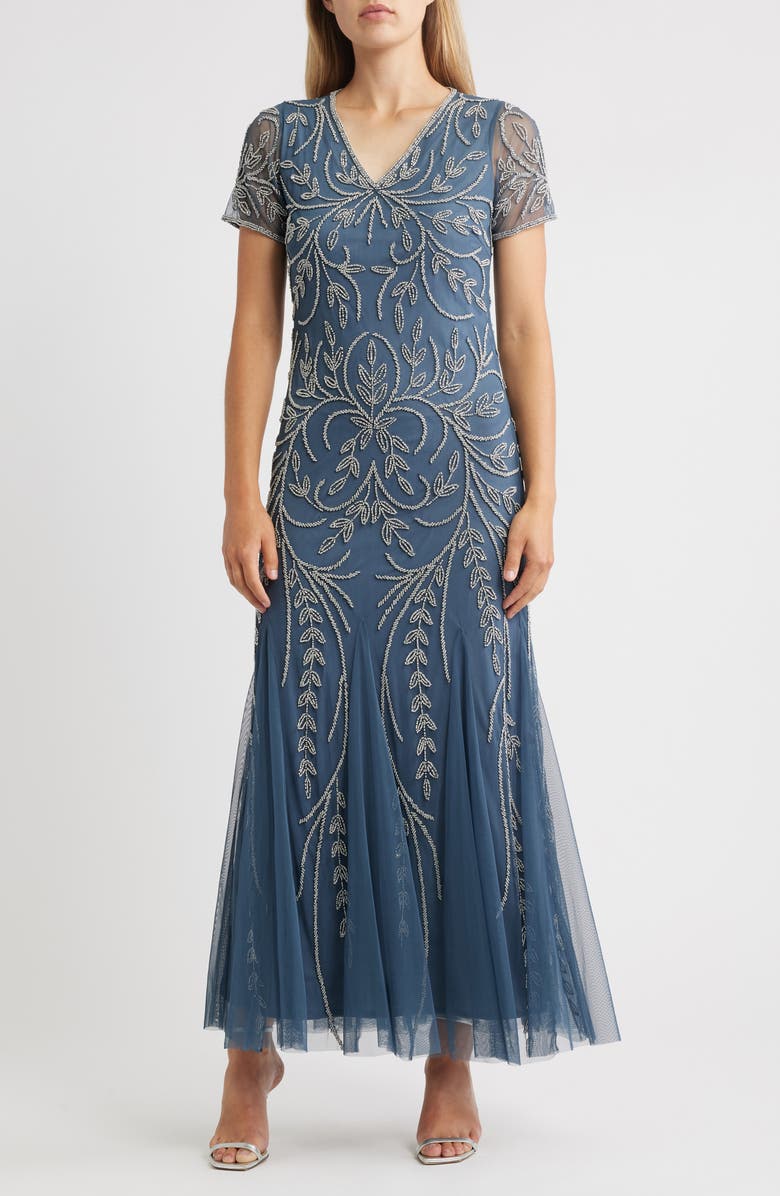 Pisarro Nights Beaded Mesh Gown, Main, color, Grey