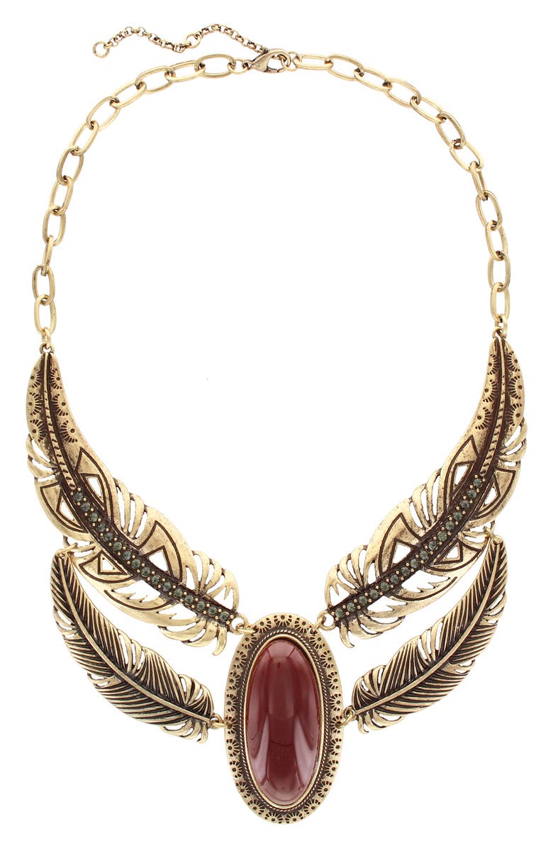OLIVIA WELLES Feather Bib Necklace, Alternate, color, Gold / Burgundy