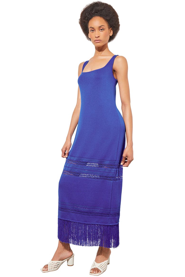 Fringe Hem Pointelle Maxi Sweater Dress, Alternate, color, SAPPHIRE SEA