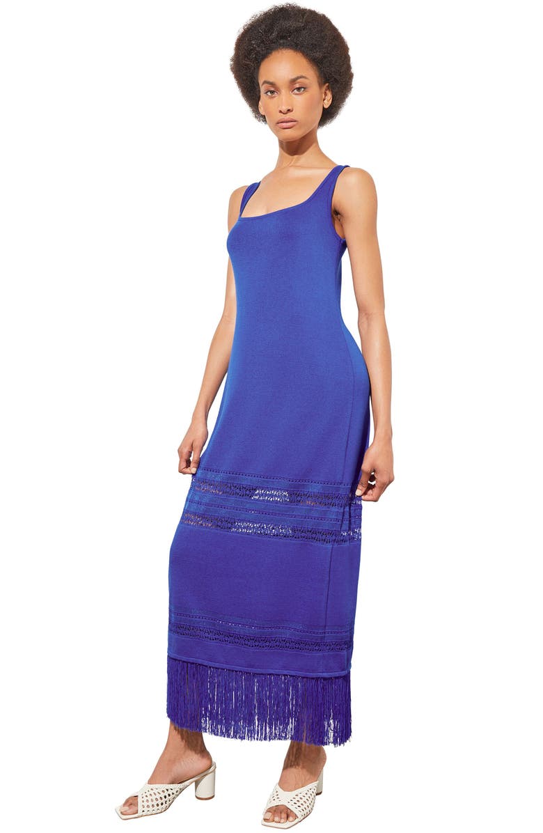 Ming Wang Fringe Hem Pointelle Maxi Sweater Dress, Alternate, color, Sapphire Sea